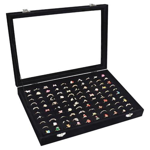 Vicoter Rings Organizer Tray 100 Slot Velvet Ring Earring Storage Box TranSparent Cover Jewelry Store Ring Display Box Jewelry Display Cabinet for Girl Wife Mother - color: Black