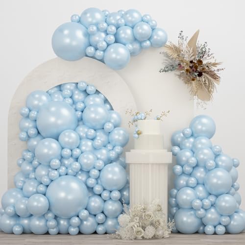 Double Pearl Blue Stuffed Balloons Different Size 115Pcs 5/10/12/18" Light Blue Balloon Arch Kit for Birthday Baby Shower Bridal Shower Engagement Ocean Under the Sea Frozen Theme Party - color: Pearl Blue