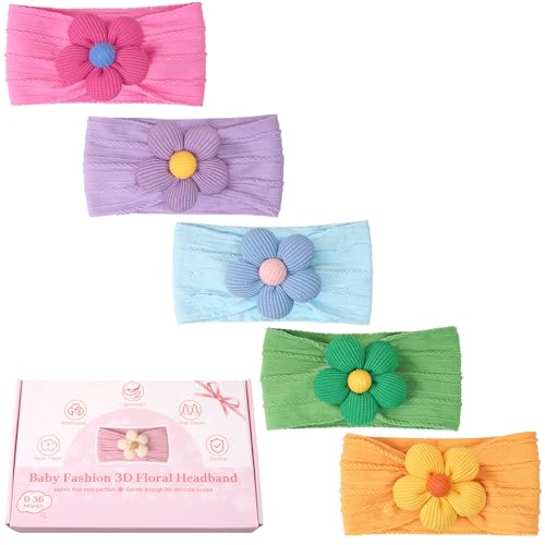 CÉLLOT 5 Pcs Baby Flower Headbands Baby Girls Nylon Headbands Soft Hairbands Hair Accessories for Newborn Infant Toddler Kids(Spring Summer Vibe) - color: Yellow+Green+Sky Blue+Purple+Hotpink
