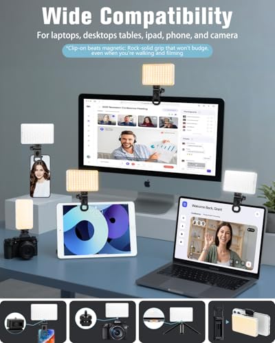 168 LED Portable Selfie Light Video Conference Light with Front & Back Clip, Rechargeable 3 Light Modes for Phone, iPhone, Android, iPad, Camera, Laptop, Makeup, Tiktok, Vlog(White) - color: White