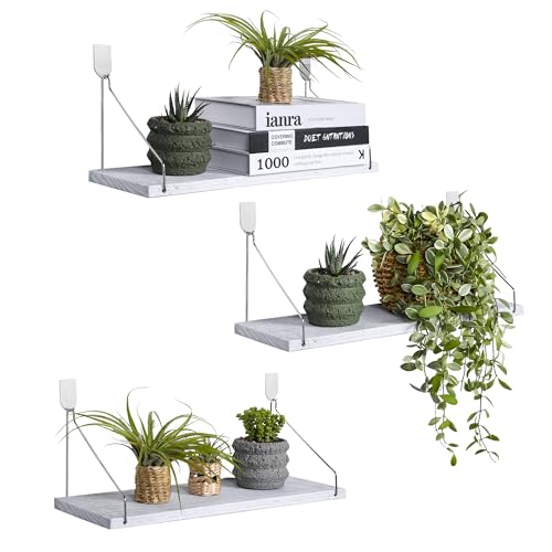 Floating Shelves Set of 3 Rustic Solid Wood Floating Shelf Wall Storage Shelves for Living Room, Bedroom, Bathroom, Kitchen Laundry, Office,no Drill Shelf(Grey and White Colour L+L+L) - color: Grey and White Colour, size: L+L+L