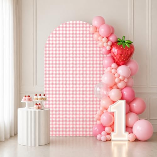 Strawberry Berry Shower First Baby Arch Backdrop Cover Pastel Pink Plaids Chiara Arched Stand Stretchy Cover for Birthday Party Decoratons (3.3x6.5ft,1096GX) - color: 1096GX, size: 3.3x6.5ft