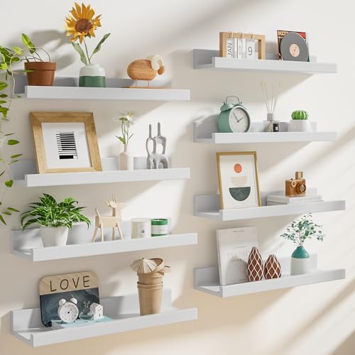 Heimlove 16 Inch Picture Ledge Shelf with Lip Set of 8,White Floating Shelves for Wall,Wall Shelves in Varying Depths for Living Room Bedroom Bookshelf Photo Frames Nursery Book Shelves for Storage - color: White, size: 16 inches set of 8