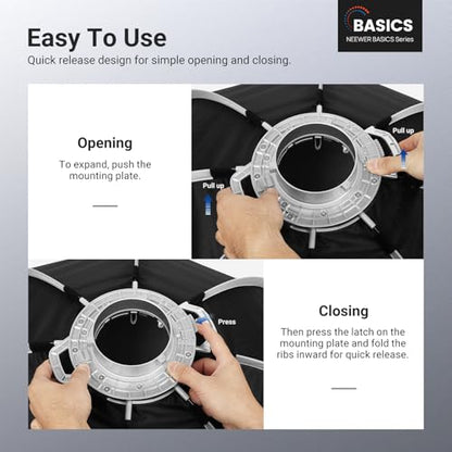 NEEWER BASICS Parabolic Softbox, 47.2" Bowens Mount Soft Box, Light Diffusers/Grid/Bag, Compatible with Aputure 150c Compatible with Godox SL60w NEEWER FS300C FS230C FS150B HB80C CB200C Q6 Q300, NS66P - size: 120cm/47.2"