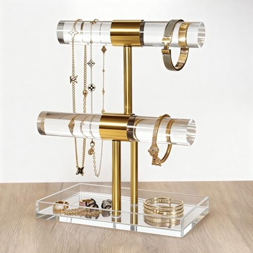 Acrylic Jewelry Display Stand 2 Tier Clear Bracelet Holder Necklace Stand Gold Metal T Bar Tower Organizer With Bottom Tray for Rings Make-up Case