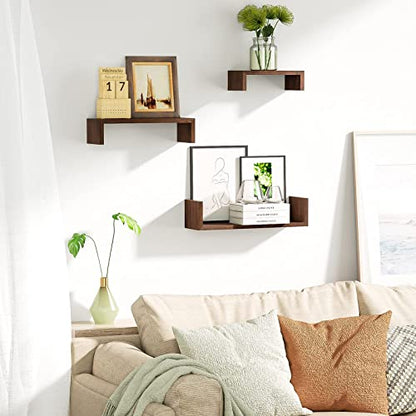 SRIWATANA Floating Shelves Wall Mounted, Solid Wood Wall Shelves Set of 3, Dark Brown… - color: Dark Brown