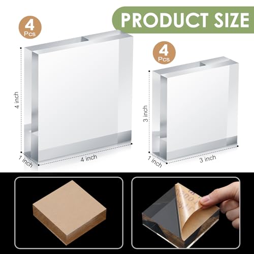 Remerry 8 Pieces Acrylic Display Block 3 x 3 x 1 Inch, 4 x 4 x 1 Inch Clear Polished Acrylic Square Display Cube Block Stand Holder for Rings Jewelry Ornaments - size: 3 X 3 X 1 Inch, 4 X 4 X 1 Inch
