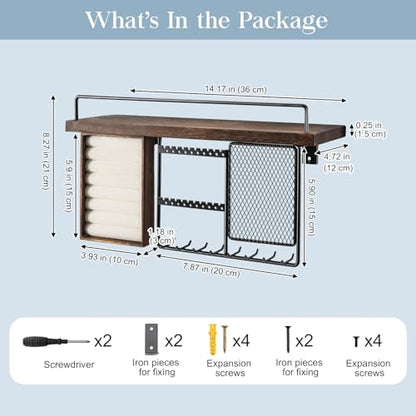 Lolalet Wall Mounted Hanging Jewelry Organizer with Wood Shelf, Wall Jewelry Holder with Hooks for Ring Earring Bracelets Necklaces Display -Brown