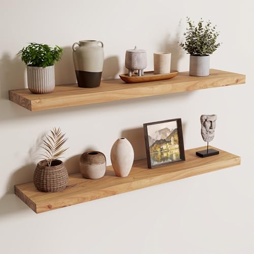Axeman Floating Shelves for Wall, 8 Inch Deep Rustic Solid Elm Wood Wall Shelves for Storage, Wall Mounted Display Shelving with Invisible Heavy-Duty Metal Bracket, 36'' Width Set of 2, Natural - color: Natural Elm With Flat Edge, size: 36 Inches - 2p