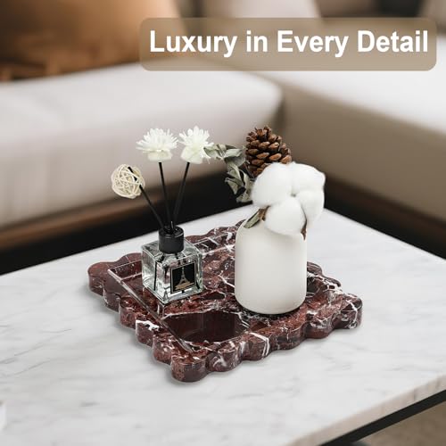Natural Marble Vanity Tray - Moujings Genuine Marble Perfume Tray for Bathroom Decor, Stone Bathroom Vanity Organizer Tray for Kitchen Counter, Candles, Jewelry, Coffee, Makeup, Key - color: Lace Red, size: 7.9" x 7.9" x 0.8"