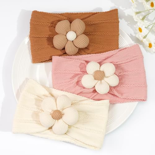CÉLLOT Baby Flower Headbands Baby Girls Nylon Headbands Baby Essentials Stretchy Hairbands Handmade Hair Accessories for Newborn Infant Toddlers Kids (Pink,Brown,Beige) - color: Pink+Brown+Beige