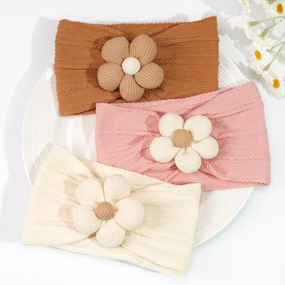 CÉLLOT Baby Flower Headbands Baby Girls Nylon Headbands Baby Essentials Stretchy Hairbands Handmade Hair Accessories for Newborn Infant Toddlers Kids (Pink,Brown,Beige) - color: Pink+Brown+Beige