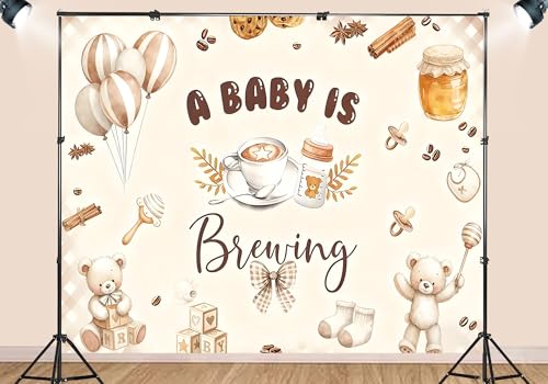 15X8ft Fabric A Baby is Brewing Backdrop Lovely Baking Theme Coffee Baby Shower Bottle and Brunch Tea Photography Background Bean Cup Party Decorations Photo Studio Props - size: 15X8ft