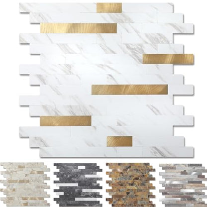 Yipscazo 10 Sheets Peel and Stick Stone Metal Tile Backsplash, Stick on Tiles for Backsplash Kitchen, Bathroom, Laundry Room, Camper, Fireplace (12'' X 12'', White Stone with Gold) - color: White Stone with Gold