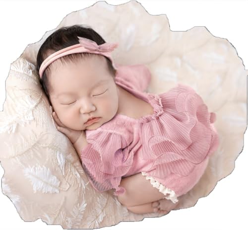 Ylsteed Newborn Photography Outfits Girl Lace Romper with Headband Photo Shoot Outfits Girls Photo Props-Ruffles Cameo - color: Cameo