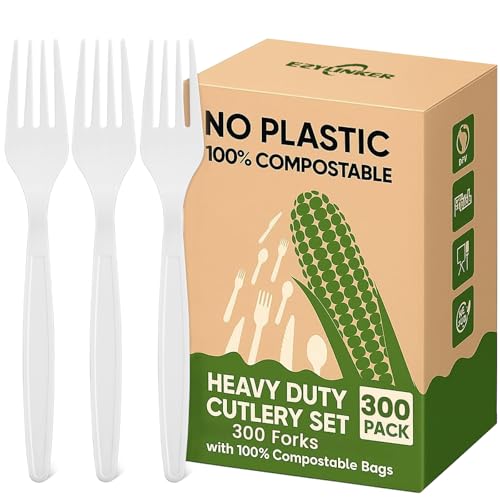 Heavy Duty Compostable Forks (300Pack), Eco-Friendly Heavyweight No-Plastic Fork - 100% Disposable Forks Cornstarch Flatware for Lounge Party Wedding BBQ Picnic Camping - size: Wooden Cutlery (300Forks)