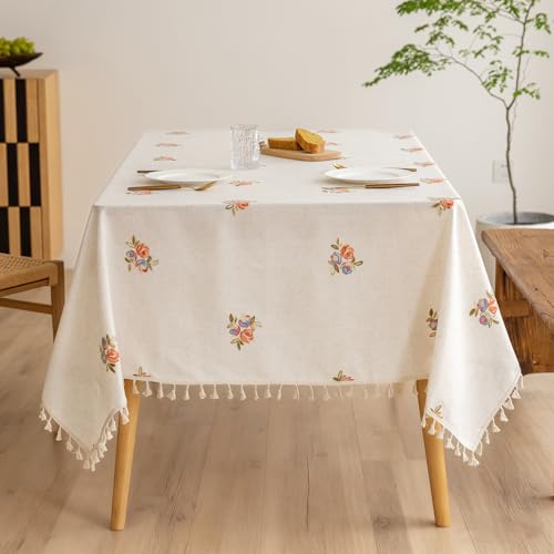 Floral Linen Table Cloth for 8 Foot Rectangle Table Colorful Flower Pattern Embroidered Tablecloth Cream Colored Fabric Neutral Farmhouse Thick Faux Burlap Tablecloth for Dining Buffet 60 x 120 - color: Orange Embroidered Floral Pattern, size: 120" x 60"