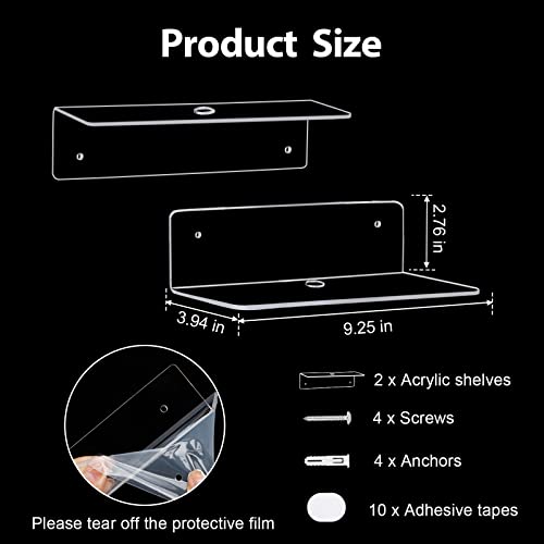 9 Inch Clear Acrylic Floating Shelf, No Drill Adhesive Wall Shelf Set of 2 for Storage, Floating Shelves Damage-Free Expand Wall Space for Living Room, Office, Gaming Room, Bathroom - color: Clear