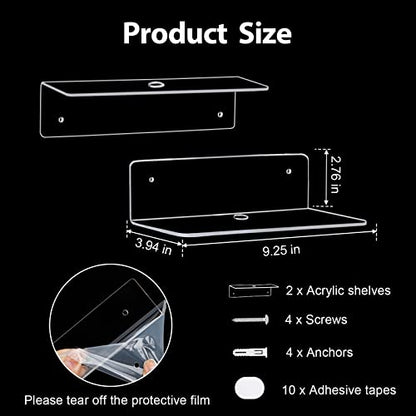 9 Inch Clear Acrylic Floating Shelf, No Drill Adhesive Wall Shelf Set of 2 for Storage, Floating Shelves Damage-Free Expand Wall Space for Living Room, Office, Gaming Room, Bathroom - color: Clear