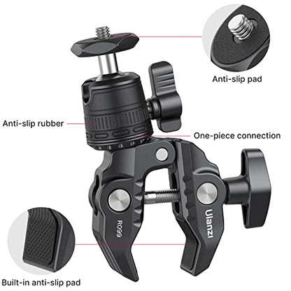 ULANZI R099 Super Clamp Camera Mount with 360° Ballhead for Bike/Bicycle/Motorcycle Handlebar Pole Tripod Tube Crossbar Gimbal Rods Mount for Insta360/GoPro/AKASO/DJI/Phone/DSLR/Light/Monitor - style: R099