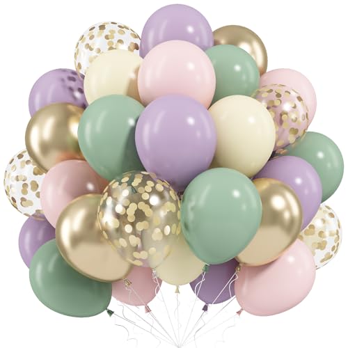 Dusty Green Purple Pink Balloon, 60 Packs 12 Inch Lavender Pastel Pink Balloon Metallic Gold Confetti Balloons for Baby Shower Wedding Tea Wildflower Birthday Party Decorations - color: Green Purple Pink