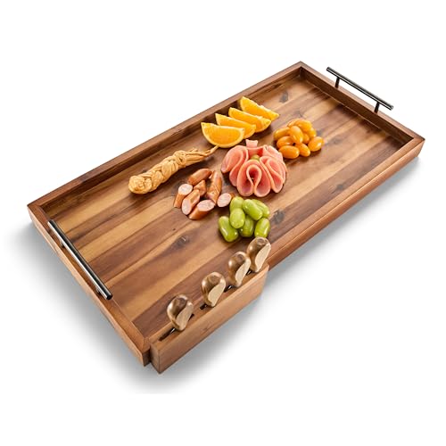 TIDITA 24" Large Charcuterie Tray with Handles, Extra Long Wooden Serving Cheese Boards - Serving Platter for Meat, Party Appetizers, Outdoor & Fruits Display (Acacia Wood) - color: Acacia, size: 24" x 12" x 1.5"