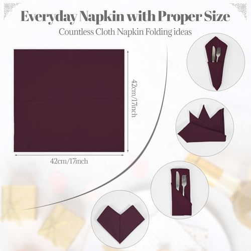 PLOYMONO Burgundy Heavy Duty Cloth Napkins - 17 x 17 Inch Solid Washable Polyester Dinner Napkins - Set of 8 Napkins with Hemmed Edges - Great for Weddings, Parties, Banquets Dinner & More - color: Burgundy