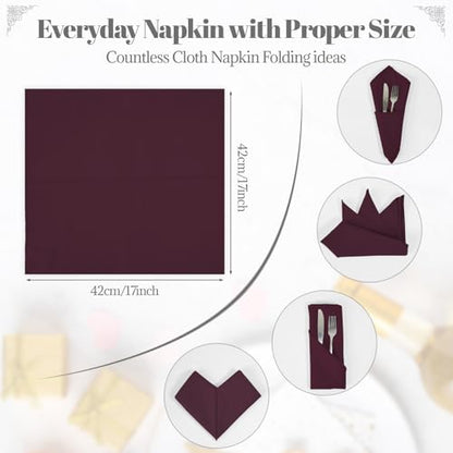 PLOYMONO Burgundy Heavy Duty Cloth Napkins - 17 x 17 Inch Solid Washable Polyester Dinner Napkins - Set of 8 Napkins with Hemmed Edges - Great for Weddings, Parties, Banquets Dinner & More - color: Burgundy