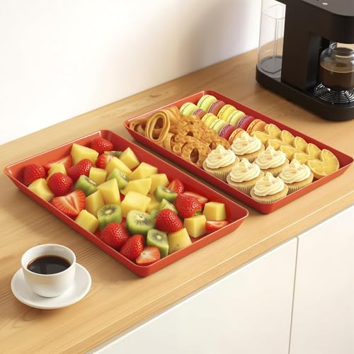 WOWBOX 4 pcs Serving Tray for Entertaining, Serving Platters for Snacks, Fruit, Cookies, Dessert, Reusable Plastic Trays for Serving Food and Pantry Organization in Kitchen & for Parties, (Red) - color: Red