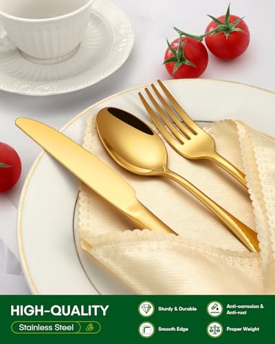 PHILIPALA 20 Piece Gold Silverware Set, Stainless Steel Flatware Set for 4 Food Grade Cutlery Utensil Set Include Knife Fork Spoon Mirror Polished Dishwasher Safe