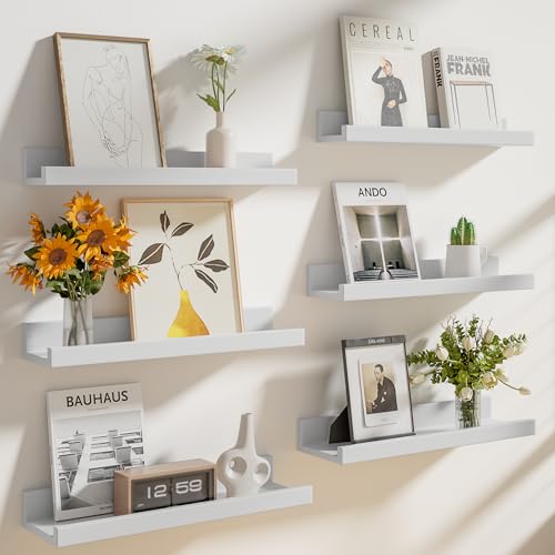 Heimlove Floating Shelves Set of 6, 16" Wall Mounted Picture Ledge, Display Shelf Organizer for Decor Storage, Wall Mounted Shelves for Living Room, Bedroom, Bathroom, Kitchen (White) - color: White, size: 16 inches set of 6