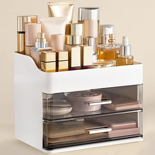 HBlife Makeup Organizer for Vanity with 2 Drawers, Large Plastic Bathroom Countertop Cosmetics Organizer Skin Care Storage, Easy to Store Lipsticks, Nail Polishes, Perfumes, Eyeshadow Palettes, White - color: White
