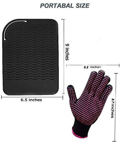 Heat Resistant Silicone Glove and Mat Set for Curling Iron, Hair Straightener, Flat Irons - 9" x 6.5" Food Grade Silicone Mat, Black - color: Black G