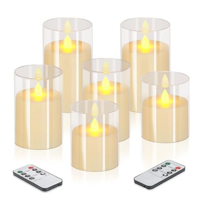 wemarry Flameless Candles 4" 5" 6" Acrylic Glass Pillars 3" Diameter Battery Operated Flickering Candles Include 8-Key Remote with Timer Function 400+ Hours (Pure White, Warm Light 6 Pack) - color: Pure White, size: Warm Light 6 Pack