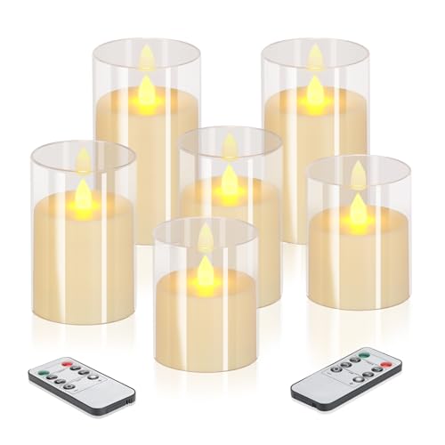 wemarry Flameless Candles 4" 5" 6" Acrylic Glass Pillars 3" Diameter Battery Operated Flickering Candles Include 8-Key Remote with Timer Function 400+ Hours (Pure White, Warm Light 6 Pack) - color: Pure White, size: Warm Light 6 Pack