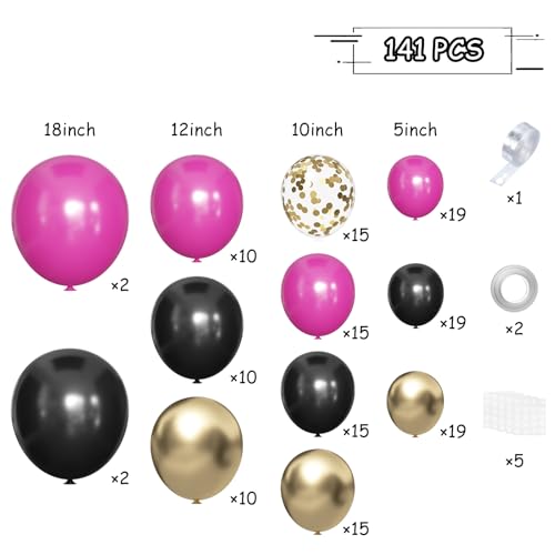 MEBAY Black Red and Gold Balloon Arch Kit, 141Pcs Matte Black Hot Pink Gold Metallic Gold Confetti Balloons for Birthday Wedding Bachelorette Gender Reveal Anniversary - color: 141-black Red