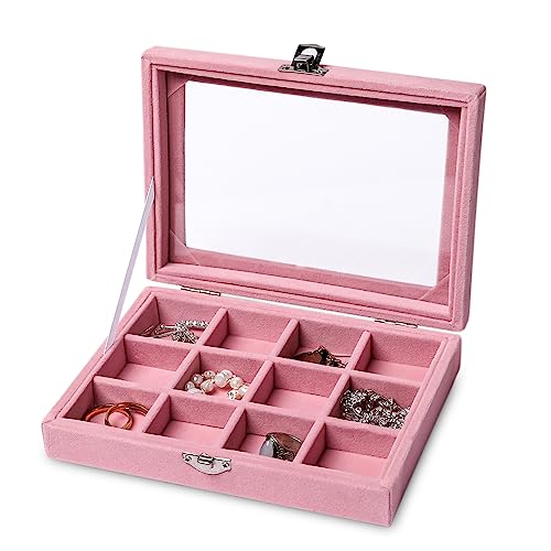 Frebeauty Jewelry Organizer Tray with Clear Lid,12 Grid Velvet Drawer Insert Jewelry Storage Box with Transparent lid Jewelry Display Case Store Showcase Jewelry Box Gift for Women(Pink,12 Grid) - color: Pink, size: 12 Grid