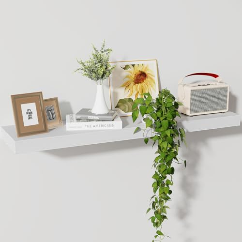 Axeman Floating Shelves, 8 Inch Deep Rustic Solid Wood Wall Shelves for Storage, Wall Mounted Display Shelving with Invisible Heavy-Duty Metal Bracket, 36" W x 8" D x 1.6" H, Distressed White - color: Distressed White, size: 36" W, 1-Pack