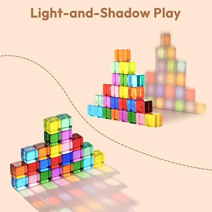 Woodtoe Wooden Building Blocks for Kids, 48 PCS Rainbow Acrylic Gem Cubes Blocks - 32 Wooden Blocks, Montessori Stacking Toy for Toddlers, Educational STEM Learning Sensory Toy Gifts for Boy Girl 3-6 - style: 80 PCS Rainbow Blocks Set