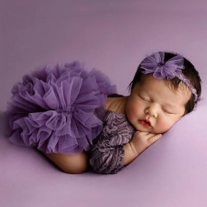 Newborn Photography Outfits Girl Baby Photography Props Lace Romper with Headress Newborn Outfits Girls Photo Props - color: Purple
