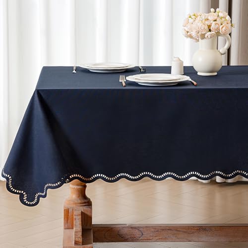 Rectangle Tablecloth Linen Textured Waterproof & Stain Resistant Table Cloth Decorative Scalloped Cutouts Farmhouse Table Cover for Dining Tables, Buffet Parties and Camping, 52 x 70 Inch, Navy Blue - color: Navy Blue, size: 70" x 52" (Rectangular)