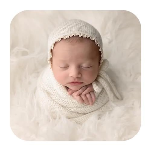 Coberllus Newborn Baby Photography Props Wrap Knitted Blanket Swaddle & lace Edge Bonnet for Boys Girls Photo Shoot Wrap Prop (White) - color: White