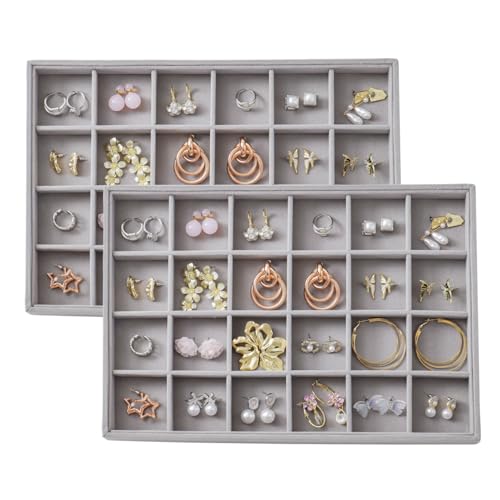 Large Velvet Jewelry Tray 2 Pack Stackable Jewelry Display Drawer Inserts Trays Organizer for Earring Bracelet Necklace Ring (Gray, 24 Grids) - color: Gray, size: 24 Grids