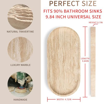 Travertine Vanity Tray for Bathroom Counter, 10"x5" Natural Marble Tray, Hand Polished, Perfume Organizer with Non-Slip Base, Candles, Stone Jewelry Dish (Travertine Beige, 9.8X4.7) - color: Travertine Beige