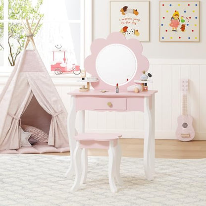 Spirich Kids Vanity, Girls Vanity Set with Mirror and Stool and Lights, Kids Vanity Table and Chair Set, Wooden Princess Makeup Desk Dressing Table (Flower Shape with LED Strip) - size: Flower Shape With Led Strip