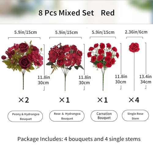 8 Pcs Mixed Artificial Peony Flowers Set-4 Bouquets & 4 Stems, Red Fake Peony Rose Hydrangea Flowers for Vase Silk Floral Arrangements for Table Centerpiece Wedding Party Bridal Decoration Home Decor - color: Red, size: Mixed 8pcs