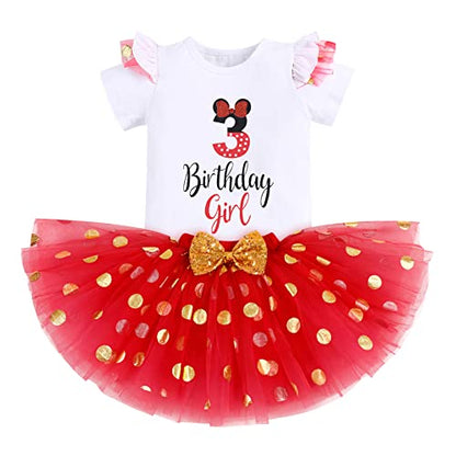 IBTOM CASTLE Cake Smash Half 1st 2nd 3rd Birthday Girl Princess Polka Dots Ruffle Skirt Set ONE Party Costume Headband - color: Red-3rd, size: 3T