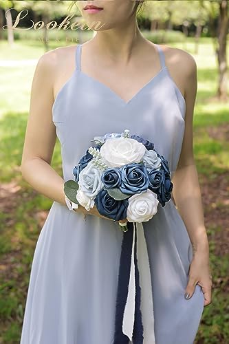 Lookein Set of 4 Bridesmaid Bouquet 7 Inch Artificial Flowers/ Bridal Bouquet Tossing Bouquet for Wedding Ceremony Anniversary Bridal Shower, Classic Navy Blue - color: 7" Classic Navy Blue