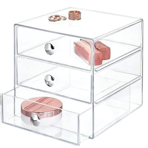 AJIODA Makeup Drawer Organizer Box with 3 Drawers, Acrylic Cosmetic Display Case Vanity Organizer Jewelry Storage Box Stackable Storage for Cosmetics, Skin Care, Bathroom, Countertop, Silver Handle - color: Silver Handle