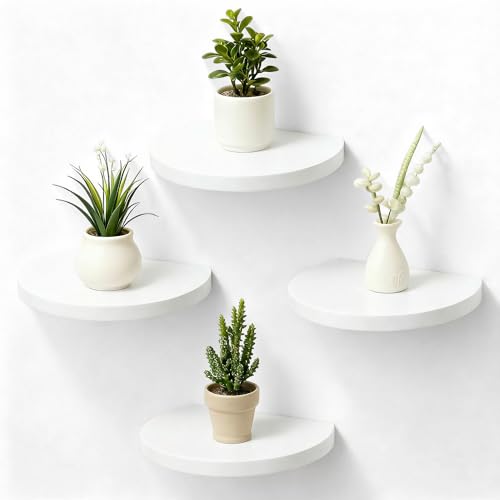 Small Wood Floating Shelves (4-Pack, 8-inch Diameter) - Round Sturdy Invisible Wall Mount Display for Small Plants,Toys,Bathroom,Living Room Storage & Modern Rustic Décor (White) - color: White, size: 8 Inch-4 Pcs